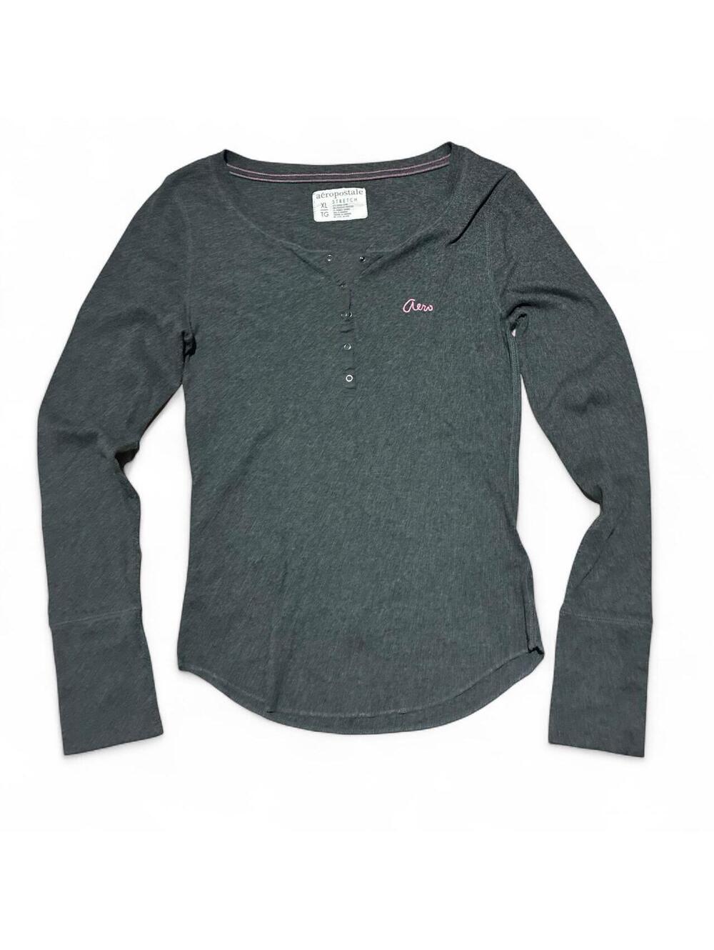 Aeropostale Y2K Gray Henley Long Sleeve Top Pink Logo XL